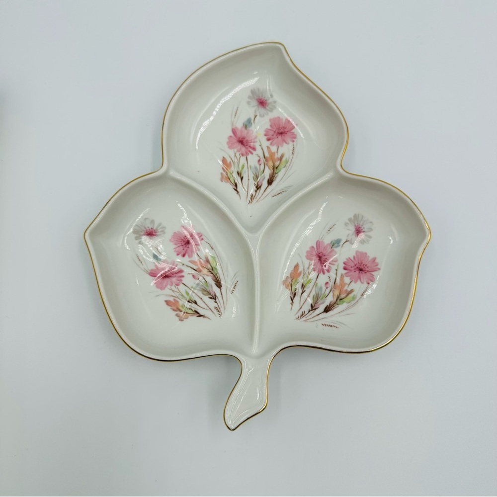 Vintage Leaf Shaped Divided Dish Pink Floral Gold Trim Ceramic 7in